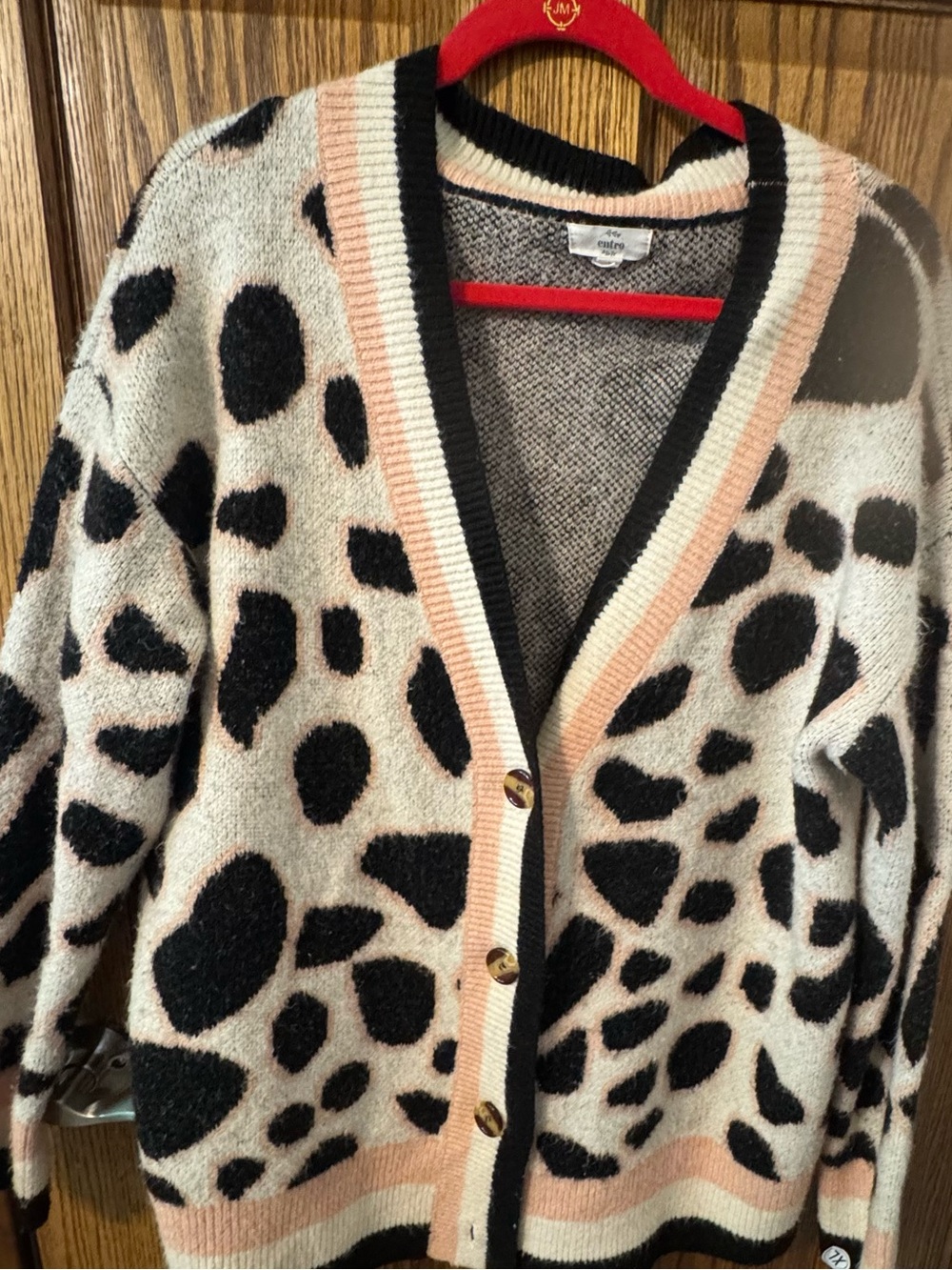 Giraffe Print Button-Front Cardigan Sweater - Peachy Pink/Black